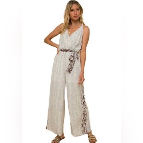 NWT Hem & Thread Surplus Snake Print Belted Wide Leg Jumpsuit Silver/Brown - Picture 1 of 15